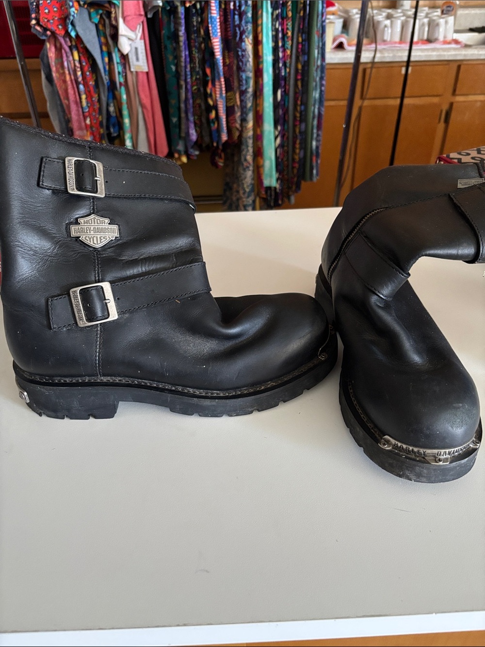 Harley-Davidson Black Leather Engineer Boots with Silver Buckles, steel toe